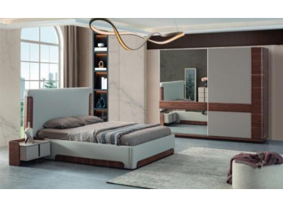 Elegante slaapkamermeubels, luxe gestoffeerd bed, ontwerper kledingkast.