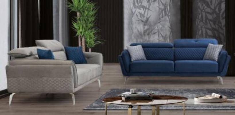 Ontwerper Gewatteerde Bankstel Blauw-Grijze Stoffen Bankstel Luxe 2x 3-Zits