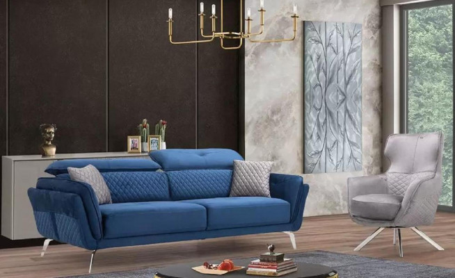 Exclusieve Bankstel Blauwe Driepersoons Designer Fauteuil Gestoffeerde Meubelen