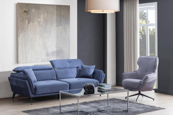 Exclusieve Bankstel Blauwe Driepersoons Designer Fauteuil Gestoffeerde Meubelen
