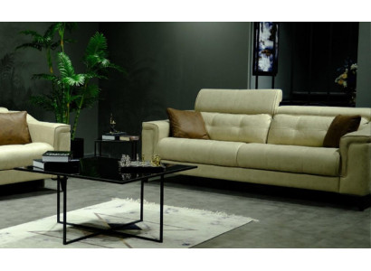 Beige woonkamer driezits lederen driezits gestoffeerde bank met houten frame.