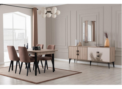 Bruine eetkamerset luxe eettafel 4 stoelen dressoir spiegel