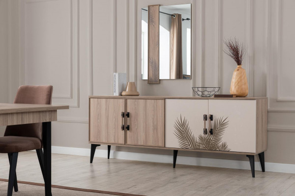 Bruine eetkamerset luxe eettafel 4 stoelen dressoir spiegel