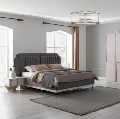 Grijze tweepersoonsbed moderne slaapkamer meubels luxe bedden houten frame