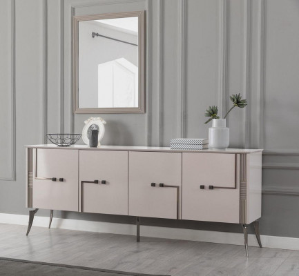 Moderne eetkamerset met design dressoir met 4 deuren, luxe spiegel, 2-delig.