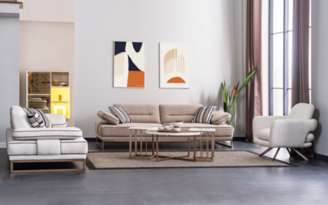 Wit-beige woonkamer bankstel Robuuste 3-zitsbank salontafel 6-delig