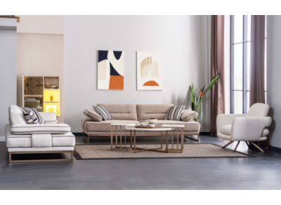Wit-beige woonkamer bankstel Robuuste 3-zitsbank salontafel 6-delig
