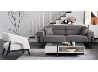 Grijswitte zitgroep woonkamer 3-zits fauteuil houten salontafel