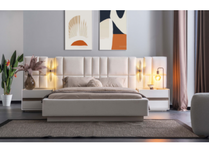 Exclusieve slaapkamer meubels Ontwerper Textielbed 2 houten nachtkastjes
