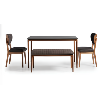 Stel eetkamer eettafel hout stoelen 4-delig bruin eethoek bank stof