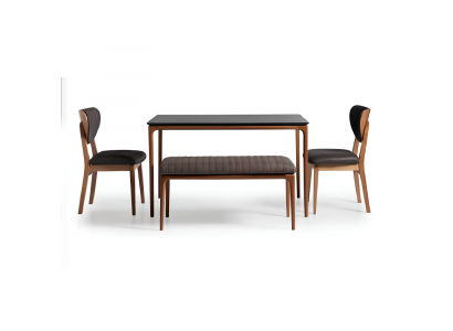 Stel eetkamer eettafel hout stoelen 4-delig bruin eethoek bank stof