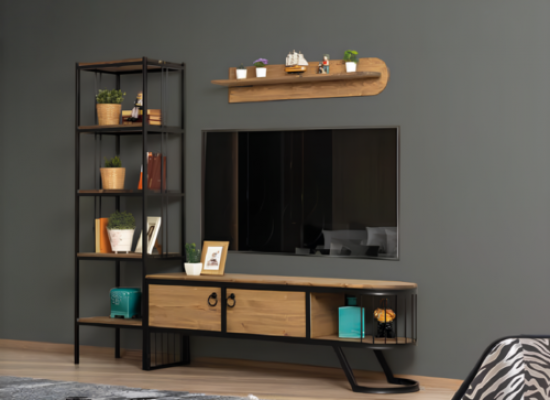 Woonkamer tv-standaard boekenplank RTV laag dressoir hout bruin set van 3 stuks.