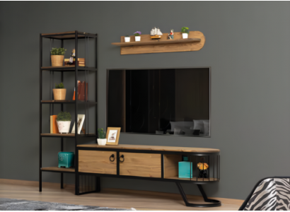 Woonkamer tv-standaard boekenplank RTV laag dressoir hout bruin set van 3 stuks.