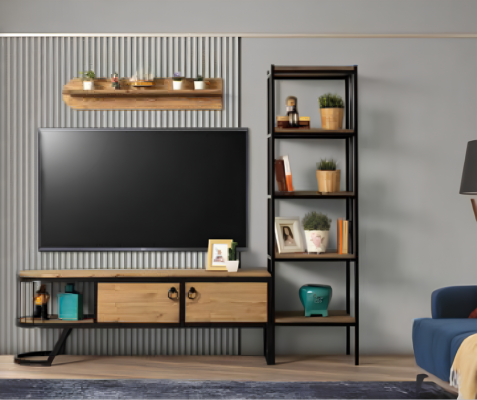Woonkamer tv-standaard boekenplank RTV laag dressoir hout bruin set van 3 stuks.