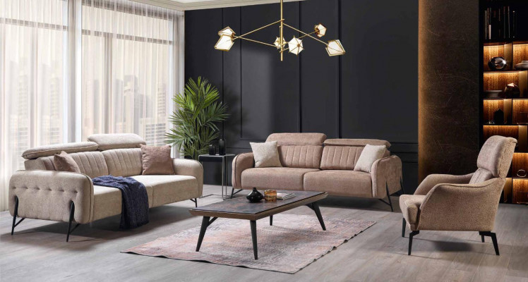 Beige woonkamer set Luxe 3x banken Stijlvolle gestoffeerde fauteuil 3-delig