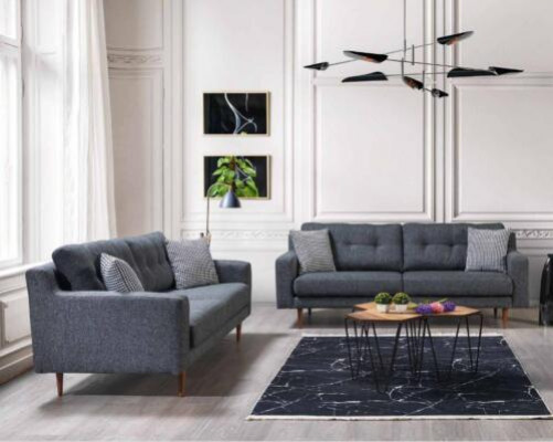 Grijze woonkamer bankstel Luxe 2x gestoffeerde banken Textiel meubels