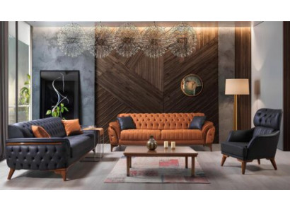 Zwarte-oranje Chesterfield bankstel Woonkamer Stijlvolle bankstellen 3-delig