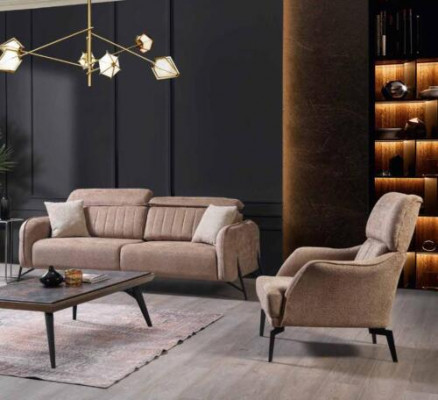 Beige woonkamer stoffen bank Luxe fauteuil 3-zitsbank 1-zitsbank 2 stuks