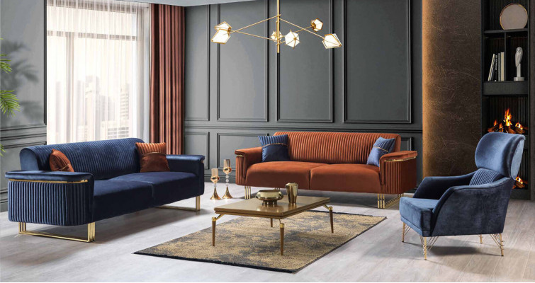 Blauw woonkamer set ontwerper 3-zits fauteuil Luxe meubels 2-delig