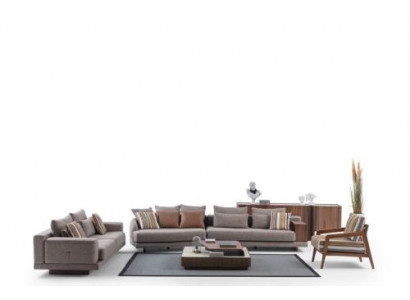 Grijze woonkamerbanken, stoffen banken, design fauteuils, houten salontafel, 5-delig.