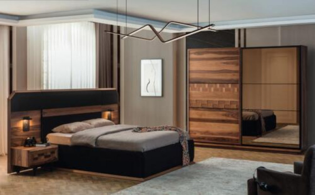 Exquise slaapkamer set Elegante tweepersoonsbed 2x houten nachtkastjes
