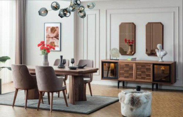 Stijlvolle eetgroep Exclusieve houten tafel Designer dressoir Stoelen 10 stuks