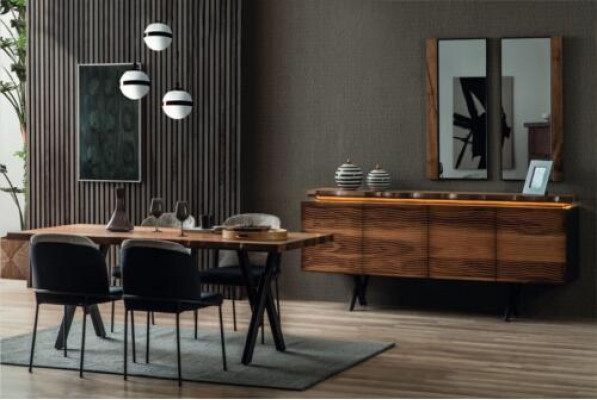 Volledige bruin-zwarte eetkamerset Designer houten eettafel gestoffeerde stoelen