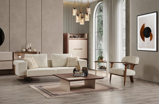 Moderne witte bankstel set van 3 + 1 zits, textiel, houten fauteuil, compleet nieuw set.