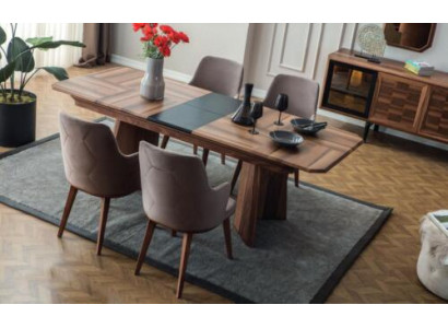 Complete eetkamerset, design eethoek, houten eettafel, 6 gestoffeerde stoelen.