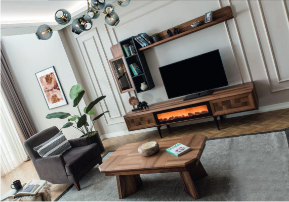 Bruine woonkamer wandmeubel ontwerper tv-standaard RTV houten planken LED