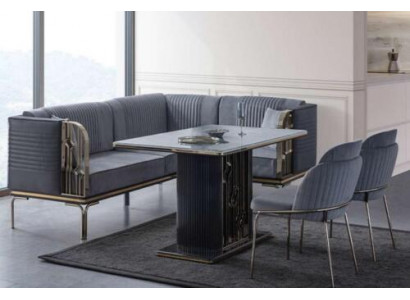 Exclusieve grijze eetkamerset luxe roestvrijstalen tafel 2x textiel stoelen