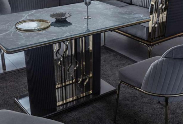 Exclusieve grijze eetkamerset luxe roestvrijstalen tafel 2x textiel stoelen