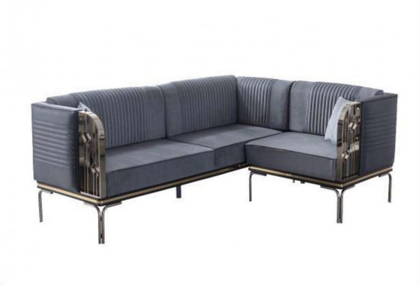 Exclusieve grijze eetkamerset luxe roestvrijstalen tafel 2x textiel stoelen