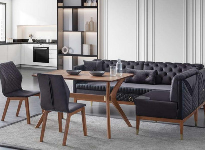 Zwart-bruine eetkamerset Chesterfield hoekbank design eettafel