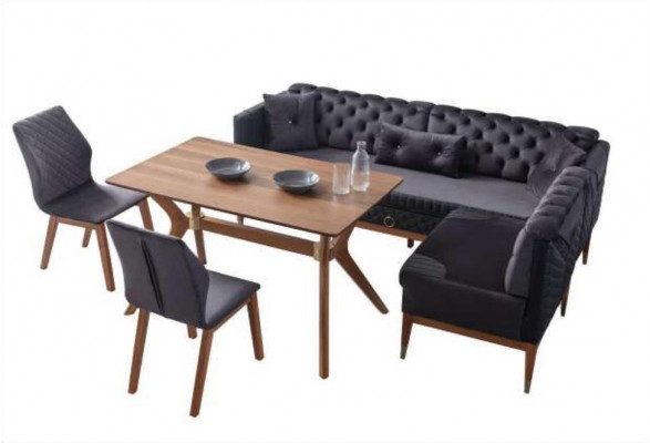 Zwart-bruine eetkamerset Chesterfield hoekbank design eettafel