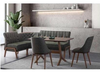 Grijze eetkamerset houten eettafel 2x gestoffeerde stoelen hoekbank 4-delige set