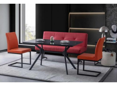 Moderne eetkamer meubels Zwarte eettafel Kunstlederen stoelen Luxe bank
