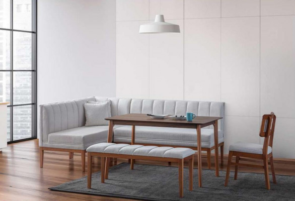 Wit-bruin eetkamer set Stijlvolle houten tafel Gestoffeerde hoekbank Nieuw