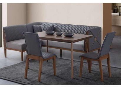 Stijlvolle grijze eetkamerset, bruine eettafel, 2 eetkamerstoelen, bank.