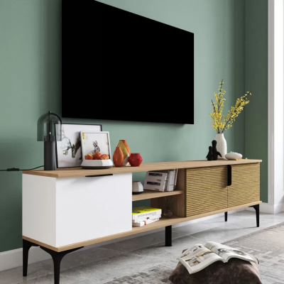 Lowboard RTV Modern Design Luxus Wohnzimmer Rechteckig Braun Weiß  Tv-meubel Modern Design Luxe Woonkamer Rechthoekig Bruin Wit