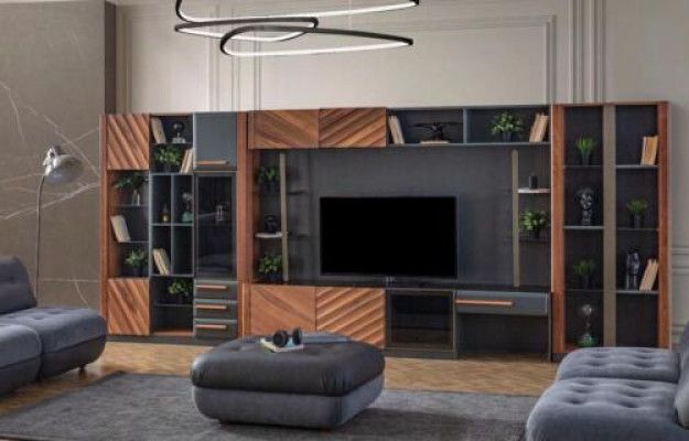 Moderne zwart-bruine woonkamer luxe RTV vitrine wandkast meubel 4-delig