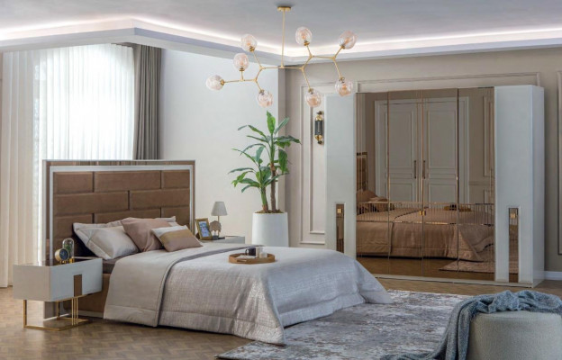 Exclusieve slaapkamerset Moderne stoffen bed 2x houten nachtkastjes