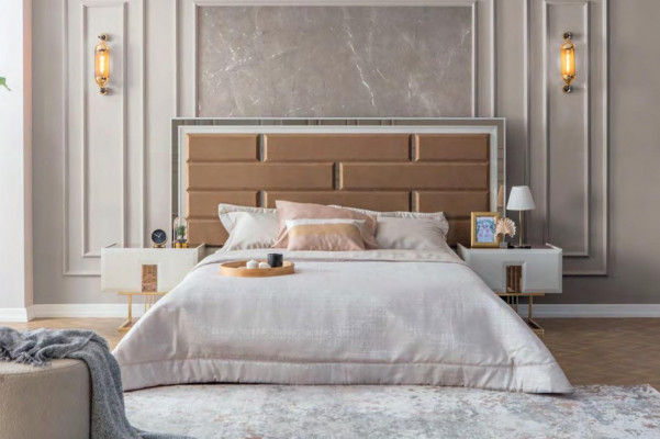 Exclusieve slaapkamerset Moderne stoffen bed 2x houten nachtkastjes