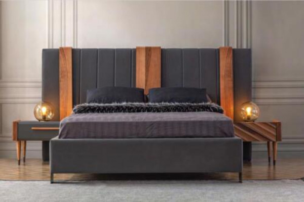 Grijze slaapkamer set Modern tweepersoonsbed 2x nachtkastjes 3-delig set