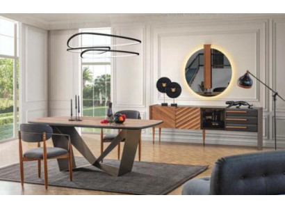 Stijlvolle eetkamer set, ontworpen eettafel, 4 gestoffeerde stoelen, dressoir