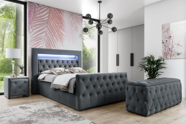 Chesterfield Grijs Slaapkamer Set LED-bed Houten Nachtkastjes