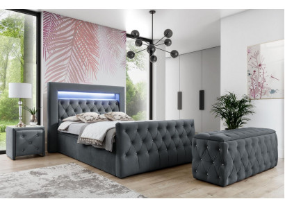 Chesterfield Grijs Slaapkamer Set LED-bed Houten Nachtkastjes
