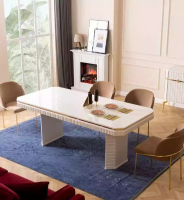 Eetkamer eettafel 6x stoel beige meubelset 7-delige luxe houten meubels