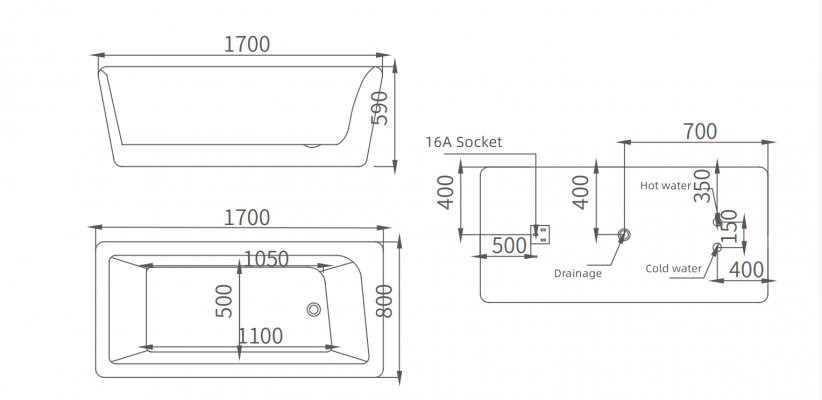 Luxe badkuip Zwart Witte bad 170x80 met complete armaturen