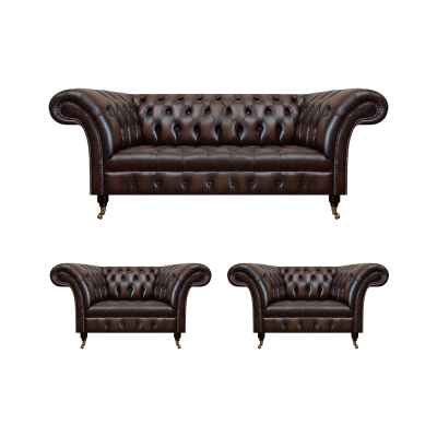 Luxe Bruin Leren Bankstel Woonkamer 2x Fauteuil Driepersoons Bank Chesterfield